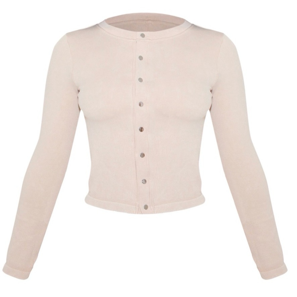 Pretty Little Thing Petite Cream Ribbed Long Sleeve Button Up Top Size‎ M